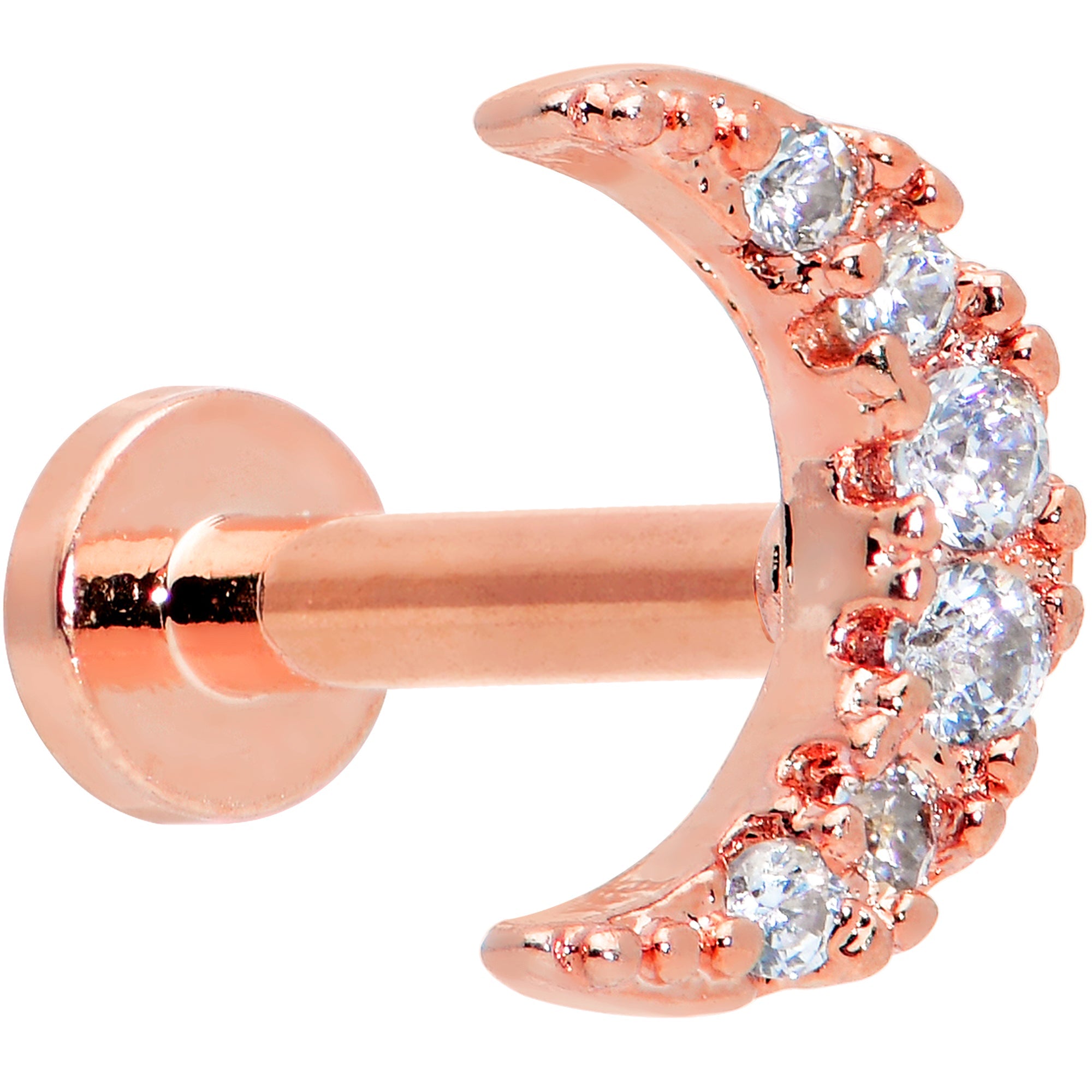 16G 1/4 Clear CZ Gem Rose Gold Tone Moon Internal Thread Labret