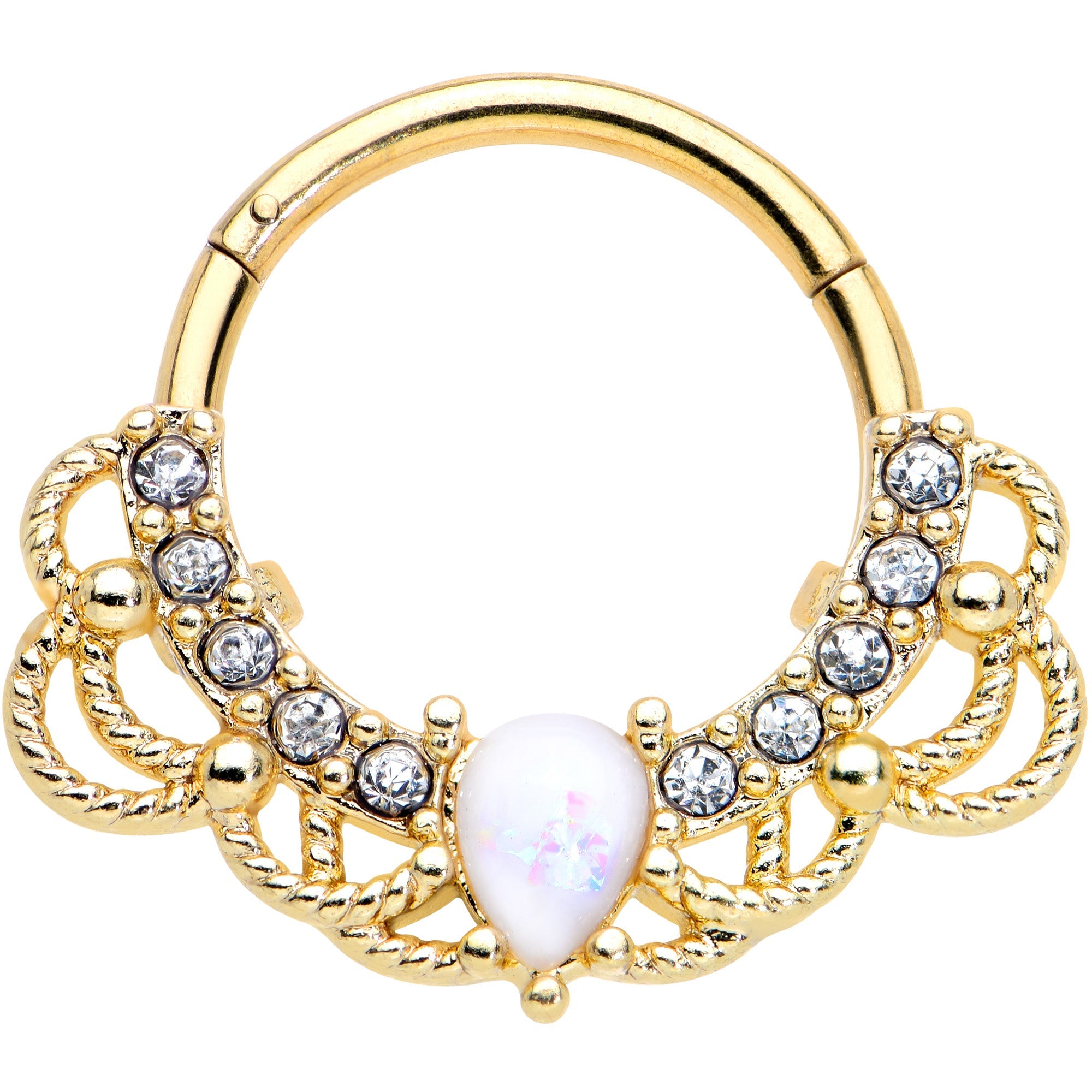 16G 3/8 White Faux Opal Gold Tone Lace Lover Hinged Segment Ring