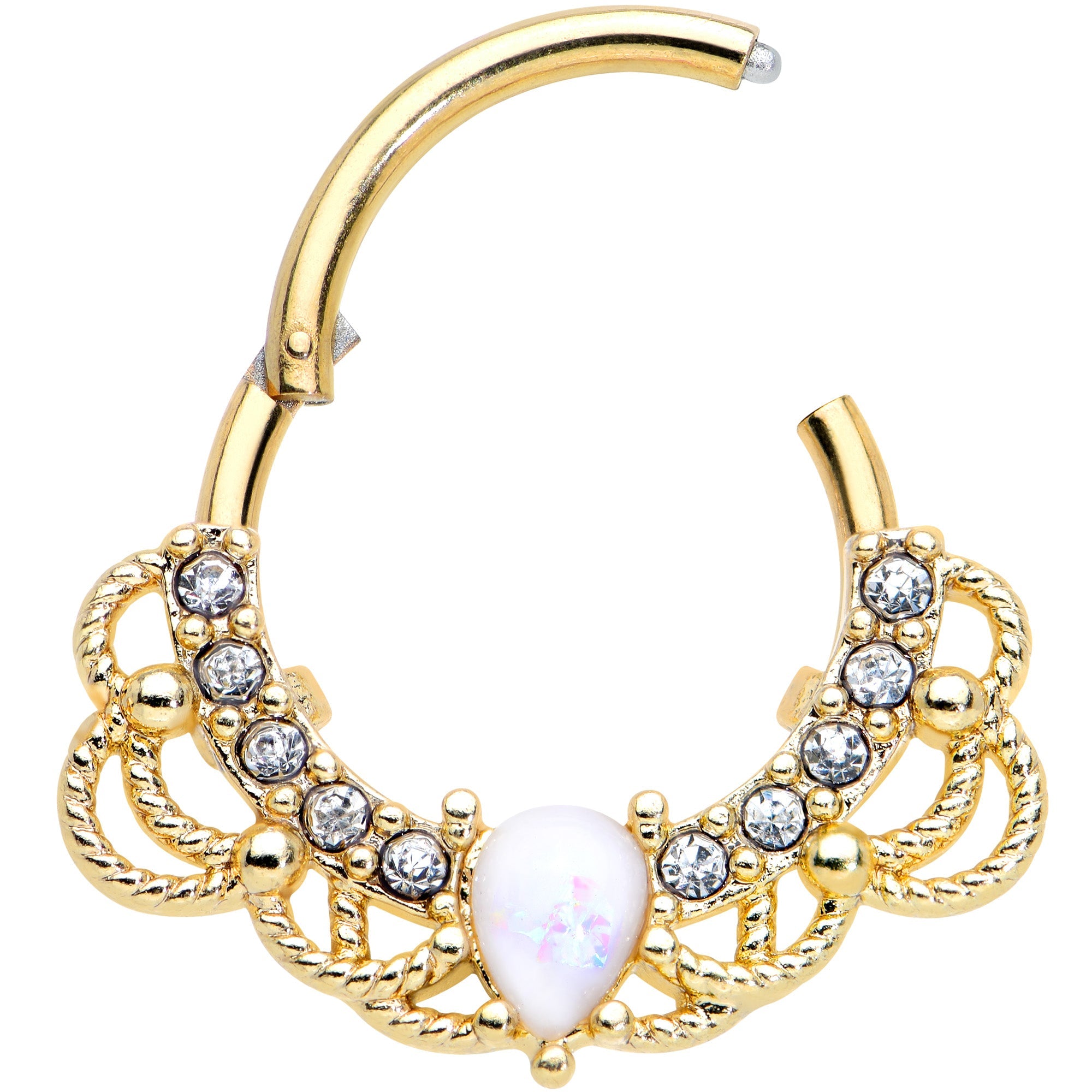 16G 3/8 White Faux Opal Gold Tone Lace Lover Hinged Segment Ring
