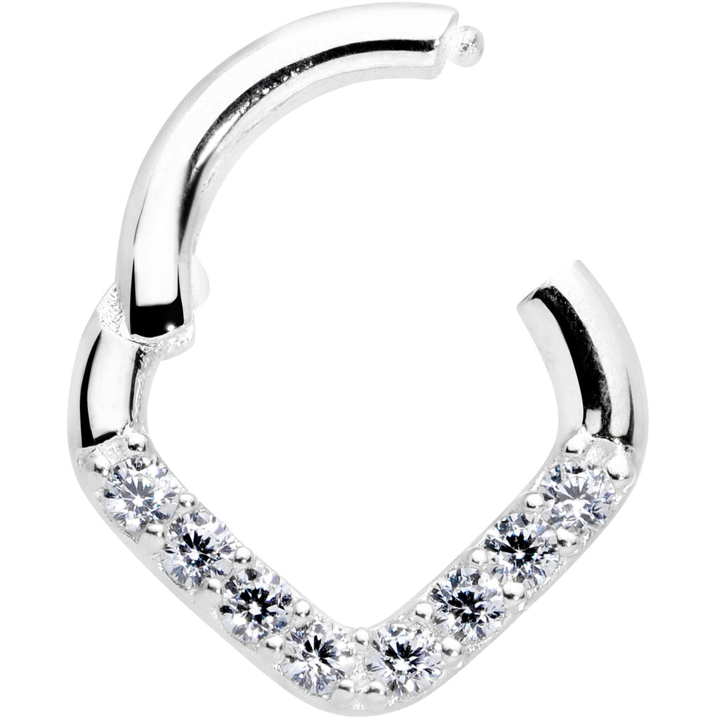 16G 1/4 14k White Gold Clear CZ Gem Chevron Hinged Segment Ring