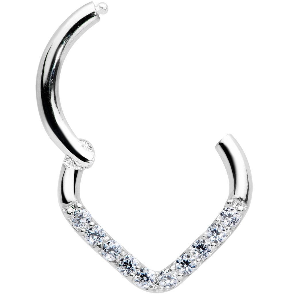 16G 5/16 14k White Gold Clear CZ Gem Chevron Hinged Segment Ring