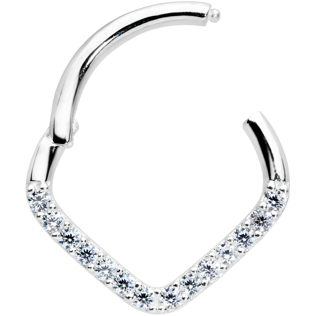 16G 3/8 14k White Gold Clear CZ Gem Chevron Hinged Segment Ring