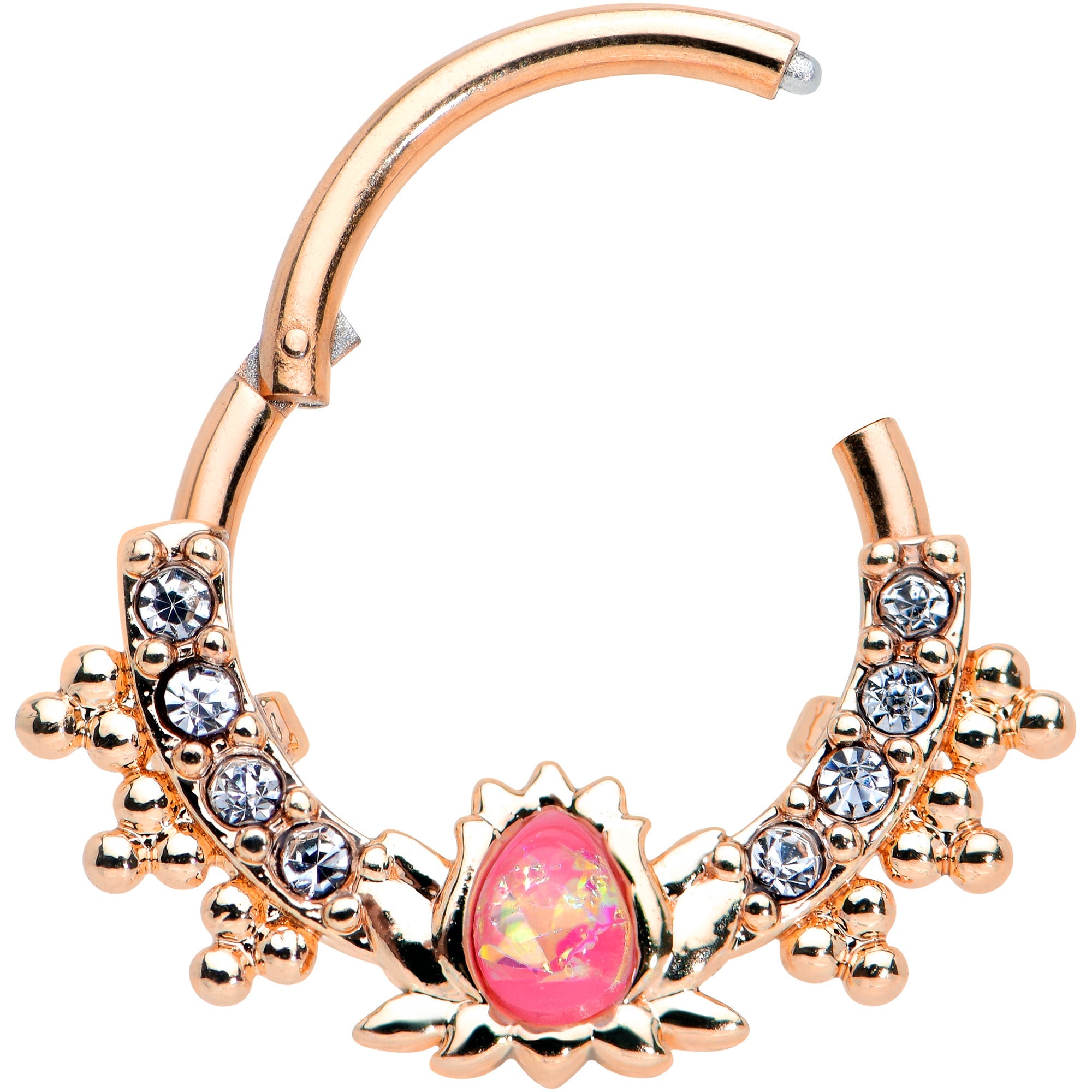 16G 3/8 Pink Faux Opal Rose Gold Hue Lotus Hinged Segment Ring