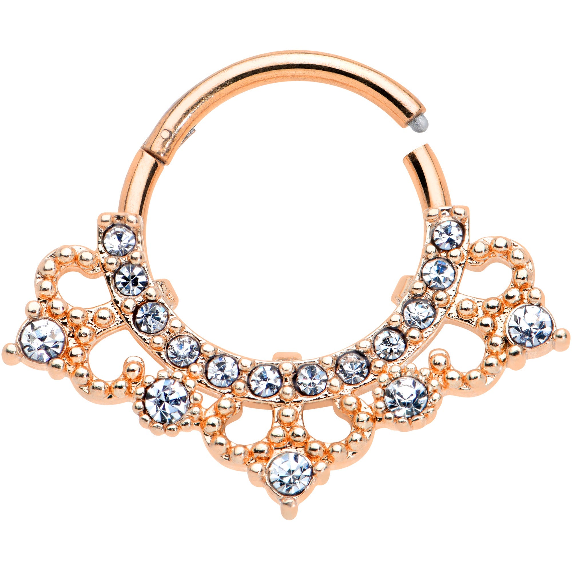 16G 3/8 Clear Gem Rose Gold Tone Tiny Tiara Hinged Segment Ring