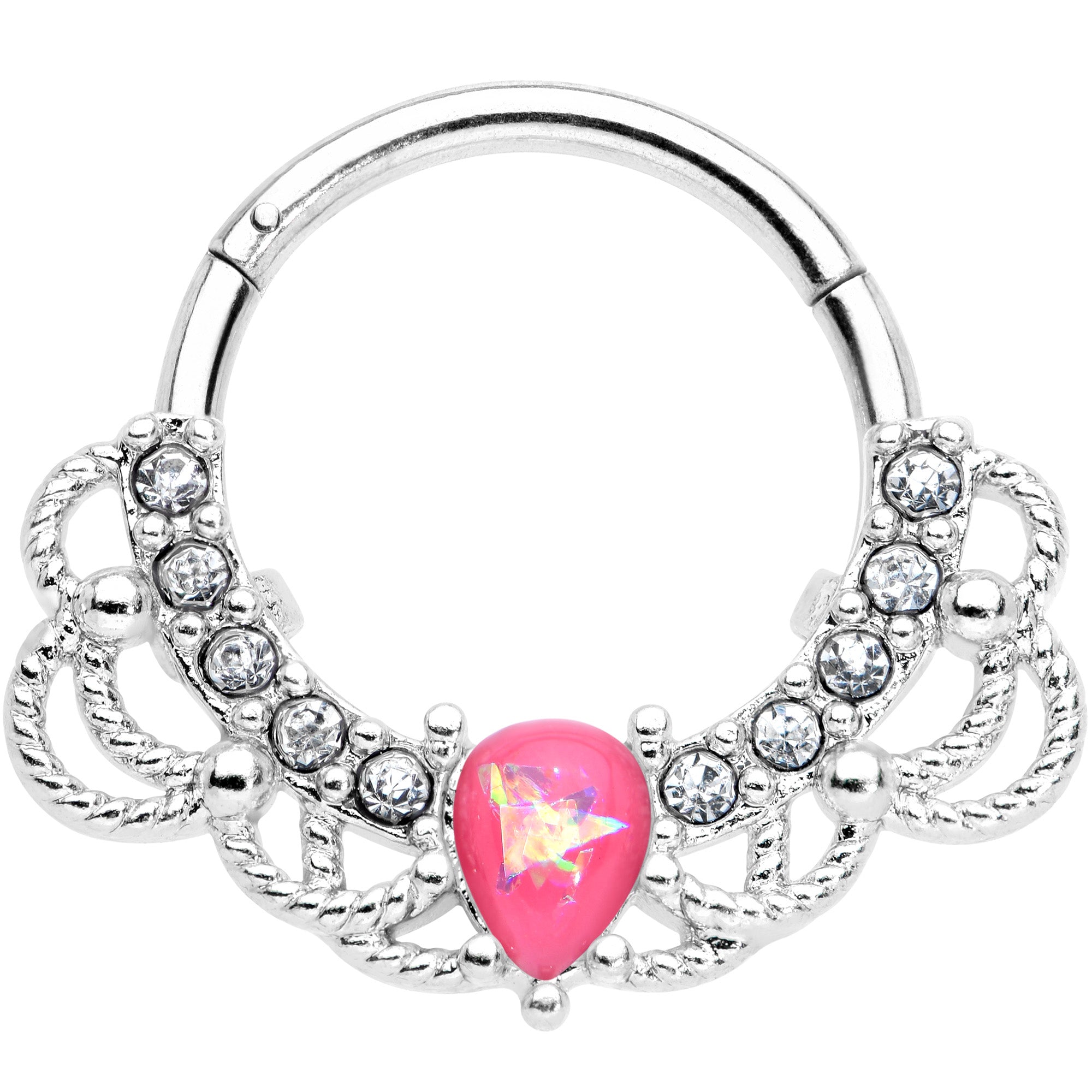 16G 3/8 Pink Faux Opal Lace Lover Hinged Segment Ring