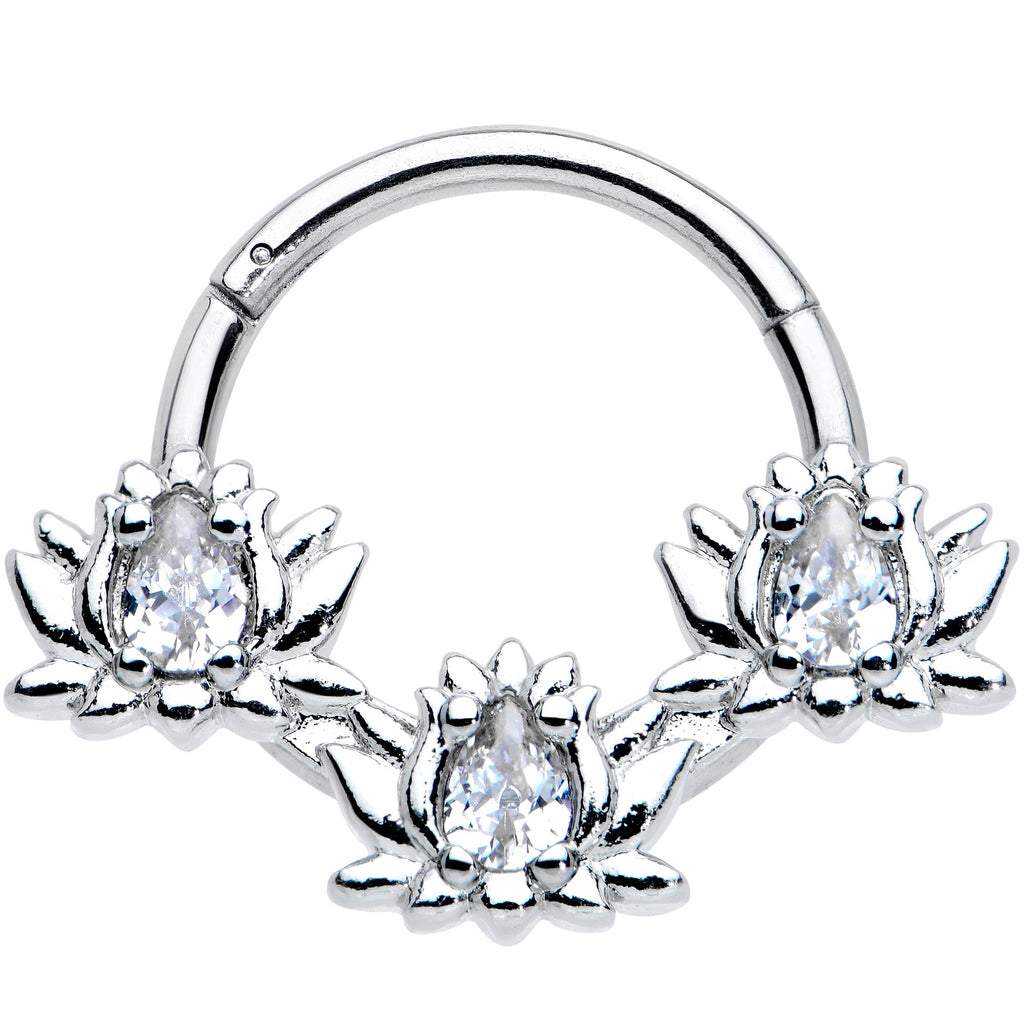16G 3/8 Clear CZ Gem Triple Lotus Hinged Segment Ring