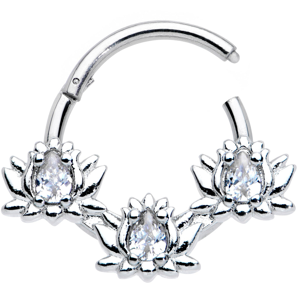 16G 3/8 Clear CZ Gem Triple Lotus Hinged Segment Ring