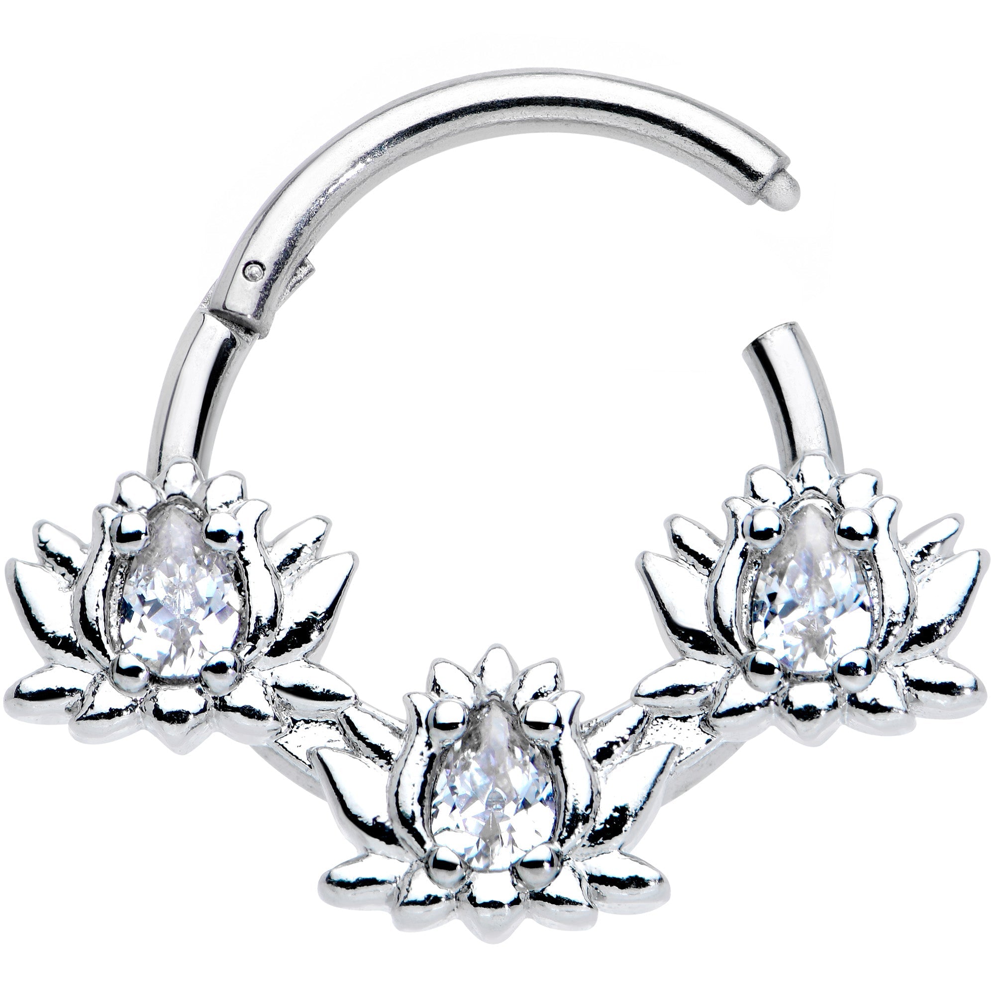 16G 3/8 Clear CZ Gem Triple Lotus Hinged Segment Ring