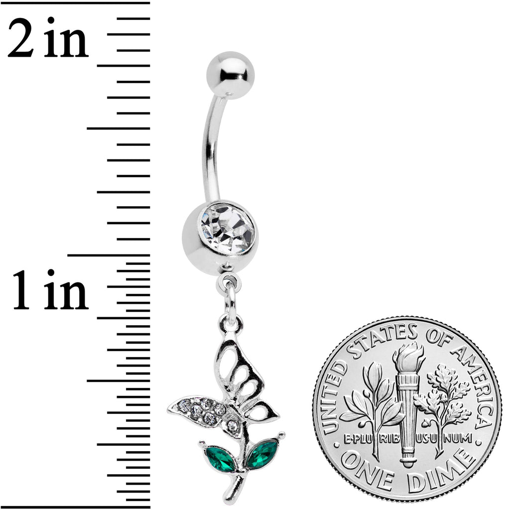Clear Green Gem Perching Floral Butterfly Dangle Belly Ring