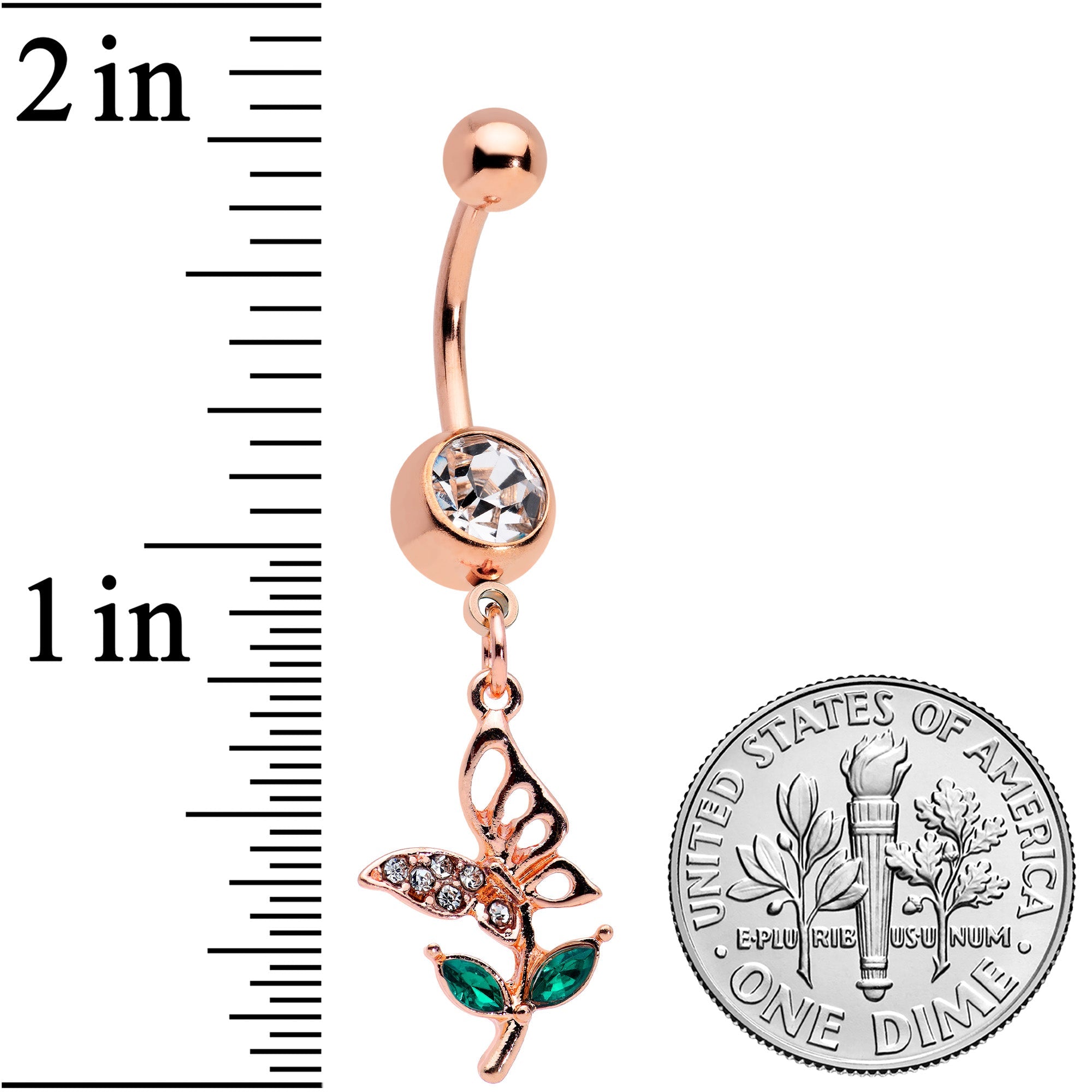 Clear Gem Rose Gold Tone Perching Floral Butterfly Dangle Belly Ring