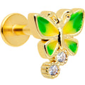 16G 1/4 Clear CZ Gem Gold Tone Green Butterfly Labret Tragus