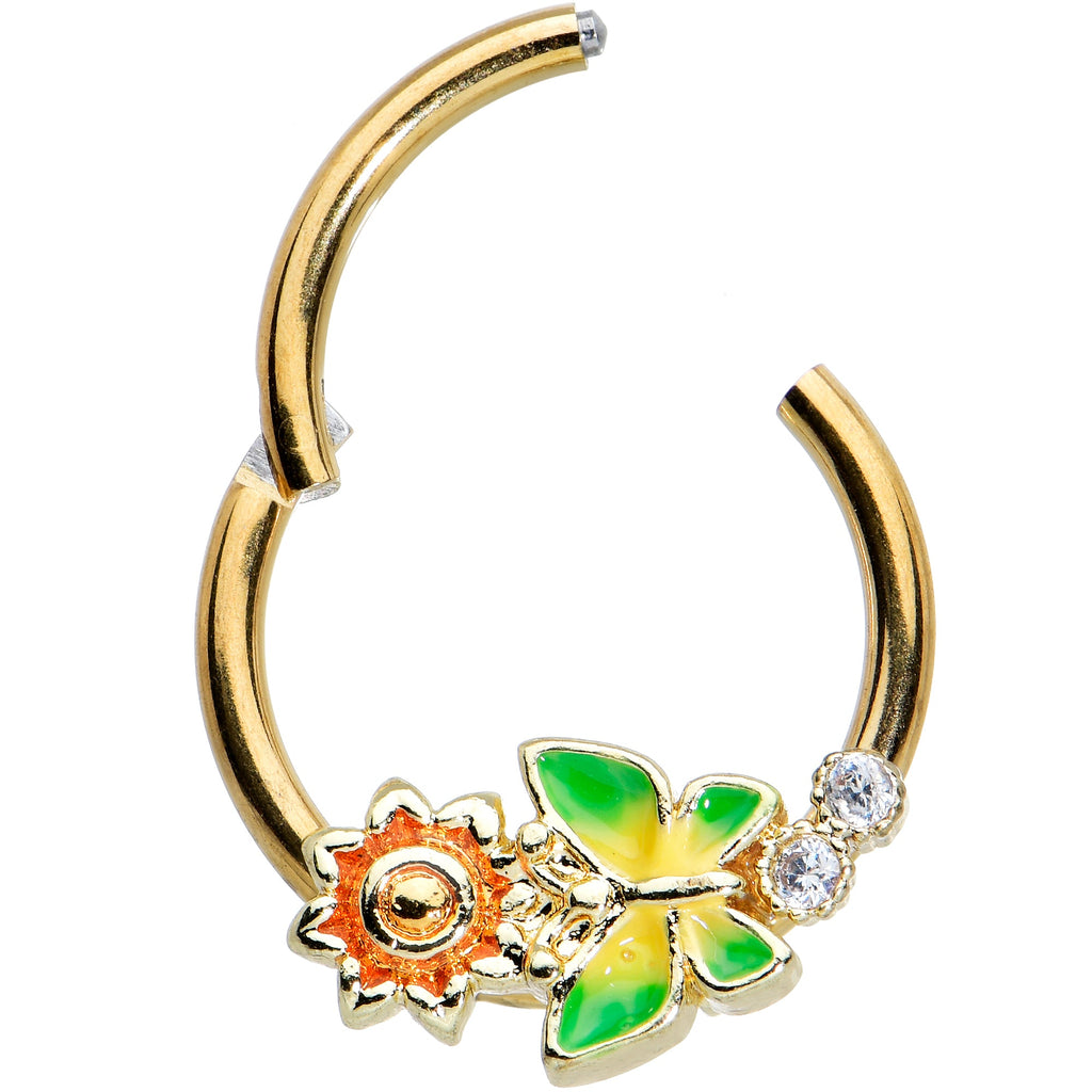16G 3/8 Clear CZ Gem Gold Tone Sun Butterfly Hinged Segment Ring