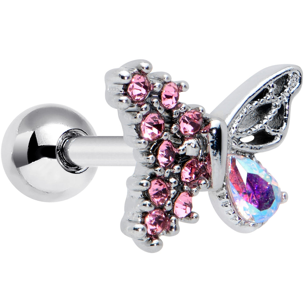 16G 1/4 Pink Gem Glam Butterfly Cartilage Tragus Earring