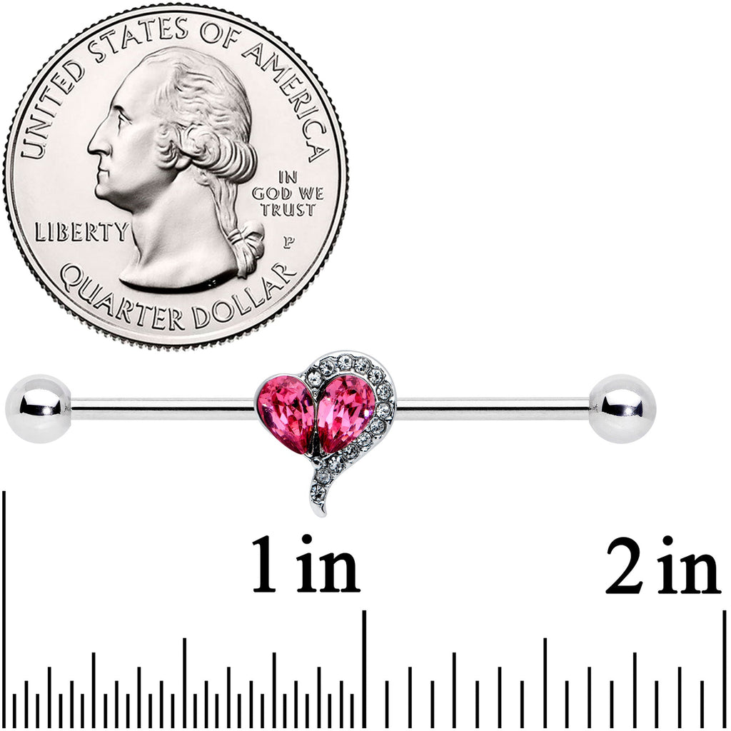 14G Clear Pink Gem Curve Heart Valentines Industrial Barbell 38mm