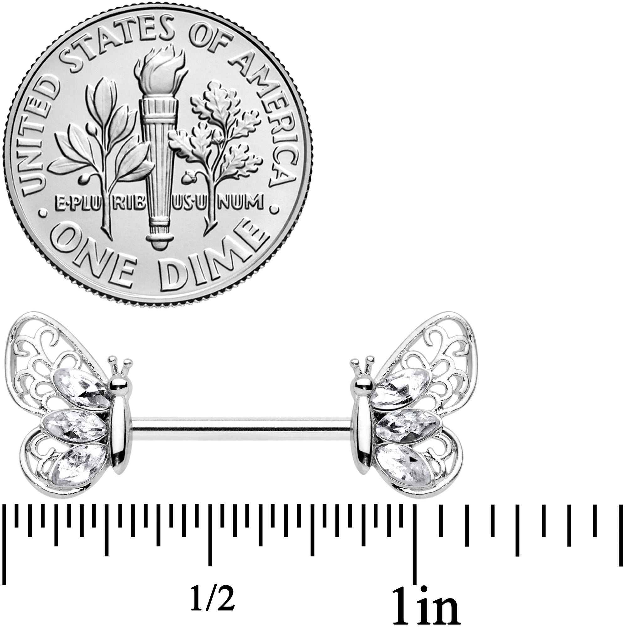 14G 9/16 Clear Gem Lacy Butterfly Barbell Nipple Ring Set