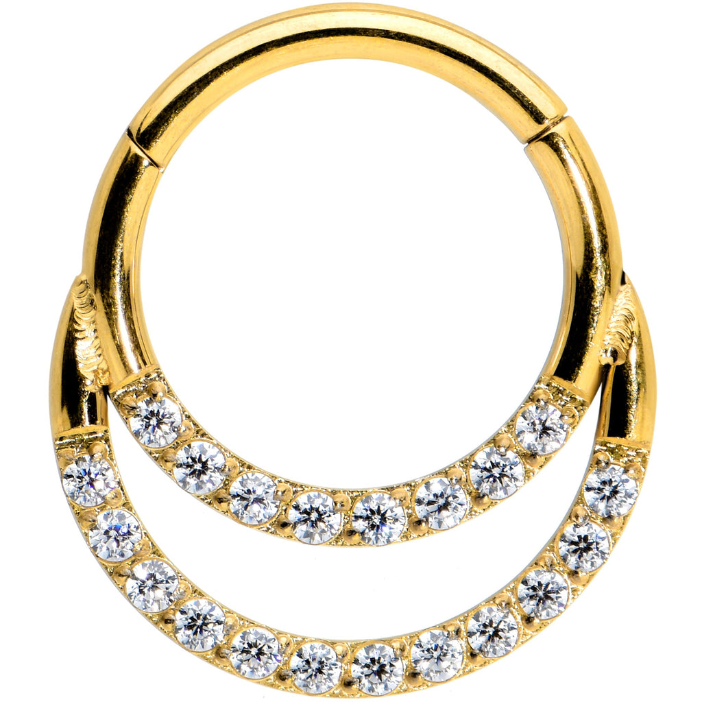16G 5/16 Clear CZ Gem Gold Tone Double Row Hinged Segment Ring