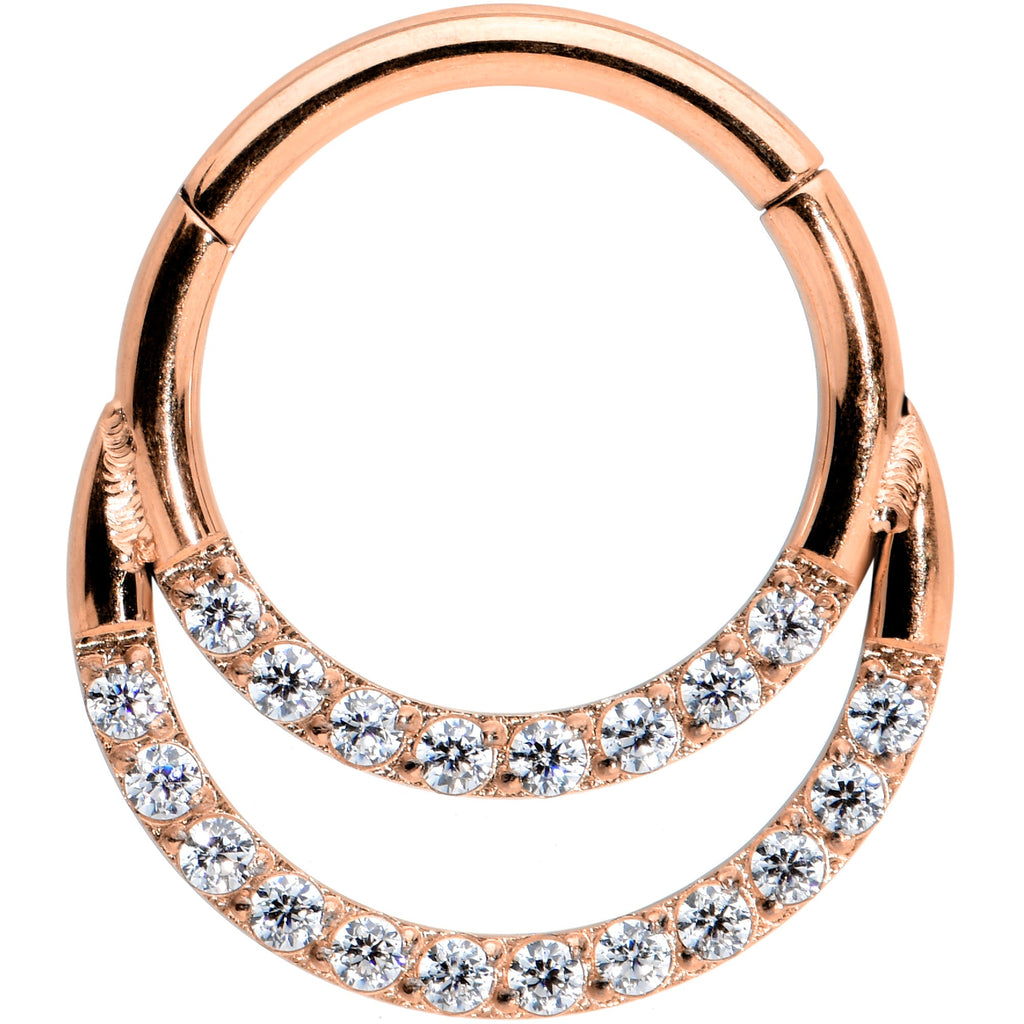 16G 5/16 Clear CZ Gem Rose Gold Tone Double Row Segment Ring