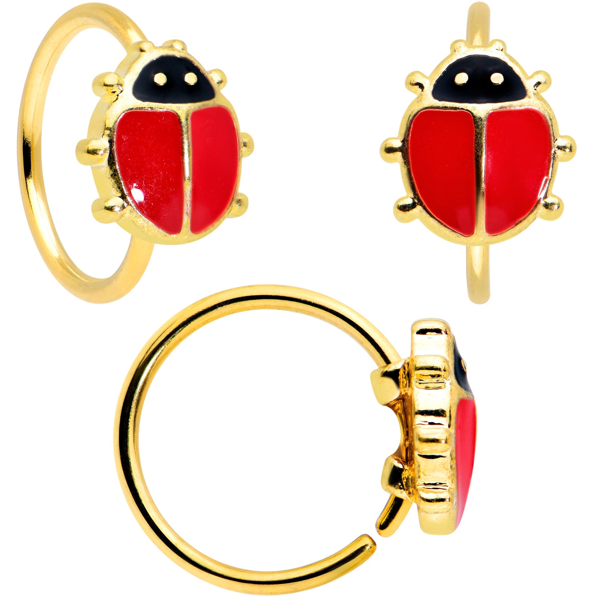 20G 1/4 5/16 Gold Tone Flower Ladybug Nose Hoop Bone Set of 3