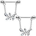 14G 9/16 Clear Gem Leaves of Love Chain Dangle Nipple Ring Set