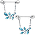 14G 9/16 Blue Gem Leaves of Love Chain Dangle Nipple Ring Set
