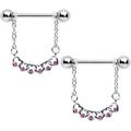 14G 9/16 Pink Gem Link Heart Valentine Dangle Nipple Ring Set