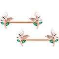 14G 9/16 Rose Gold Tone Clear Gem Flora Butterfly Nipple Ring Set