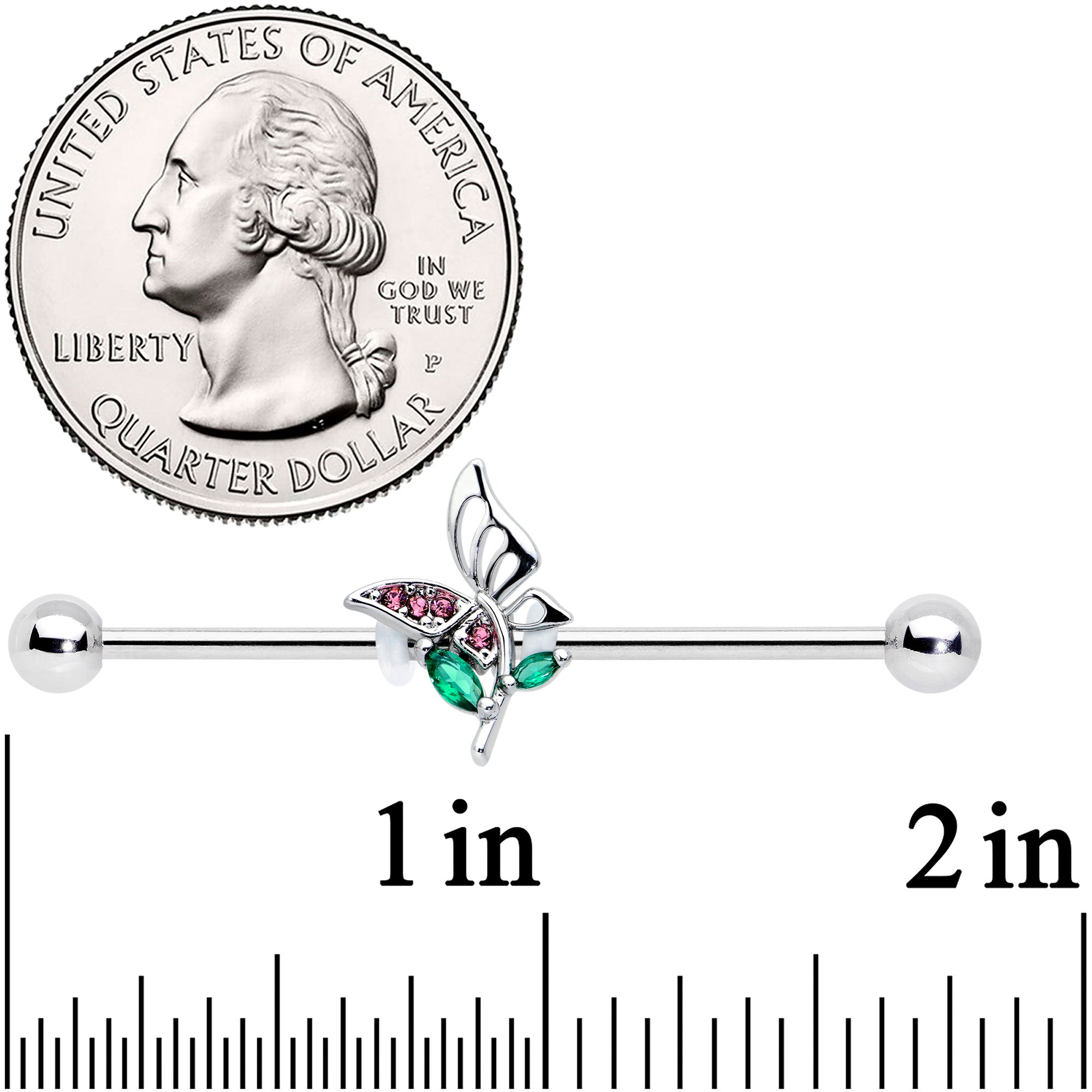14G Purple Green Gem Floral Butterfly Industrial Barbell 38mm