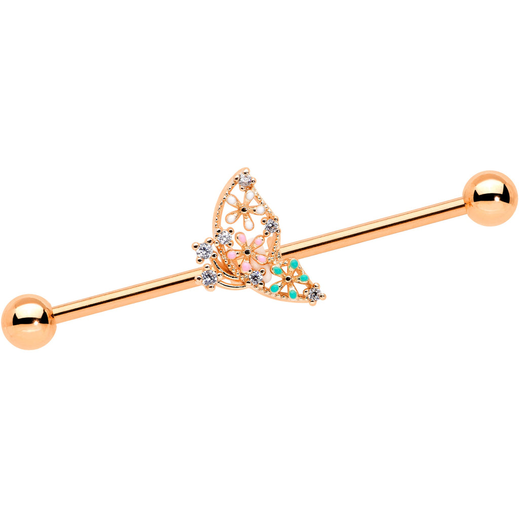 14G Clear CZ Gem Rose Gold Tone Abstract Industrial Barbell 38mm