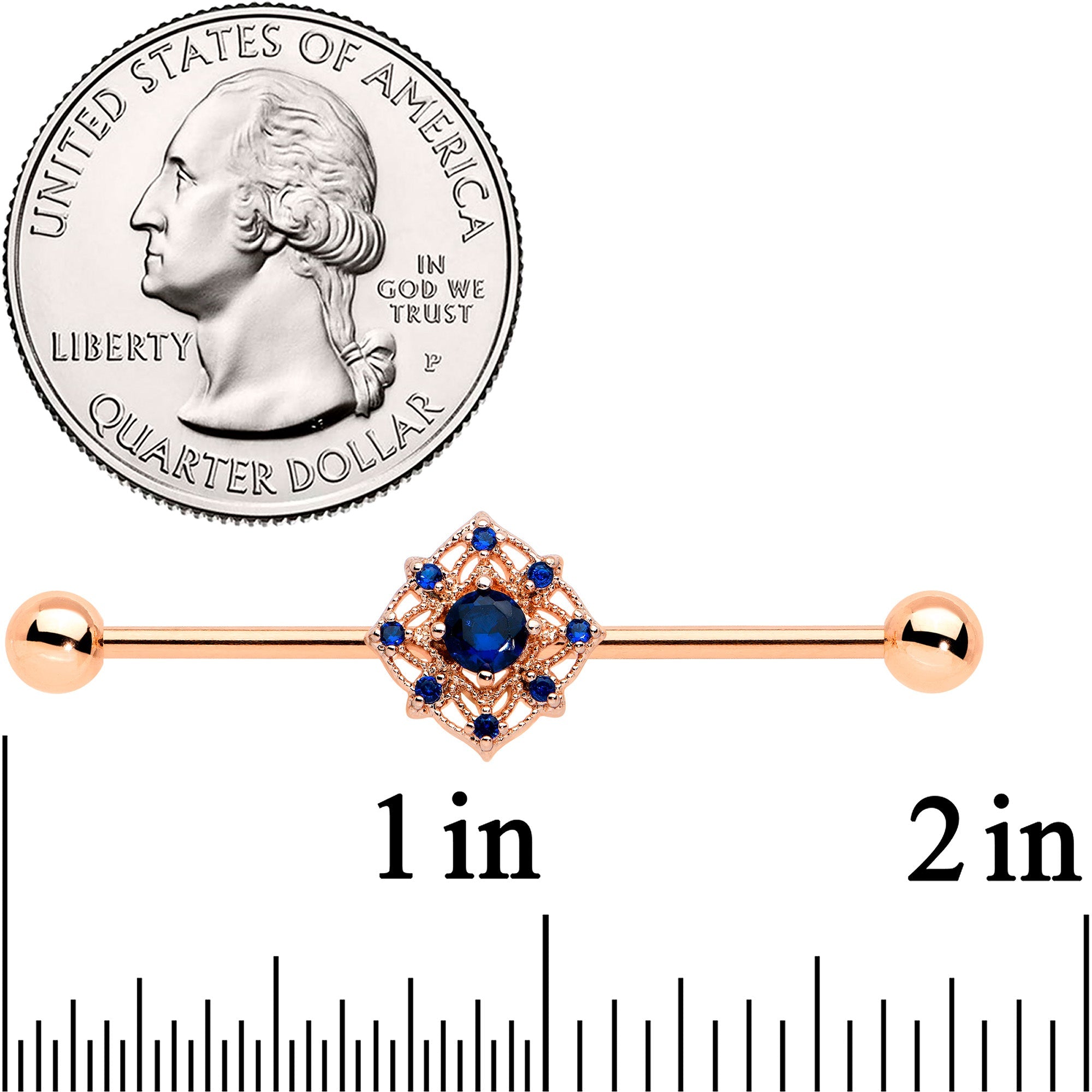 14G Blue Gem Rose Gold Tone Wicked Web Industrial Barbell 38mm