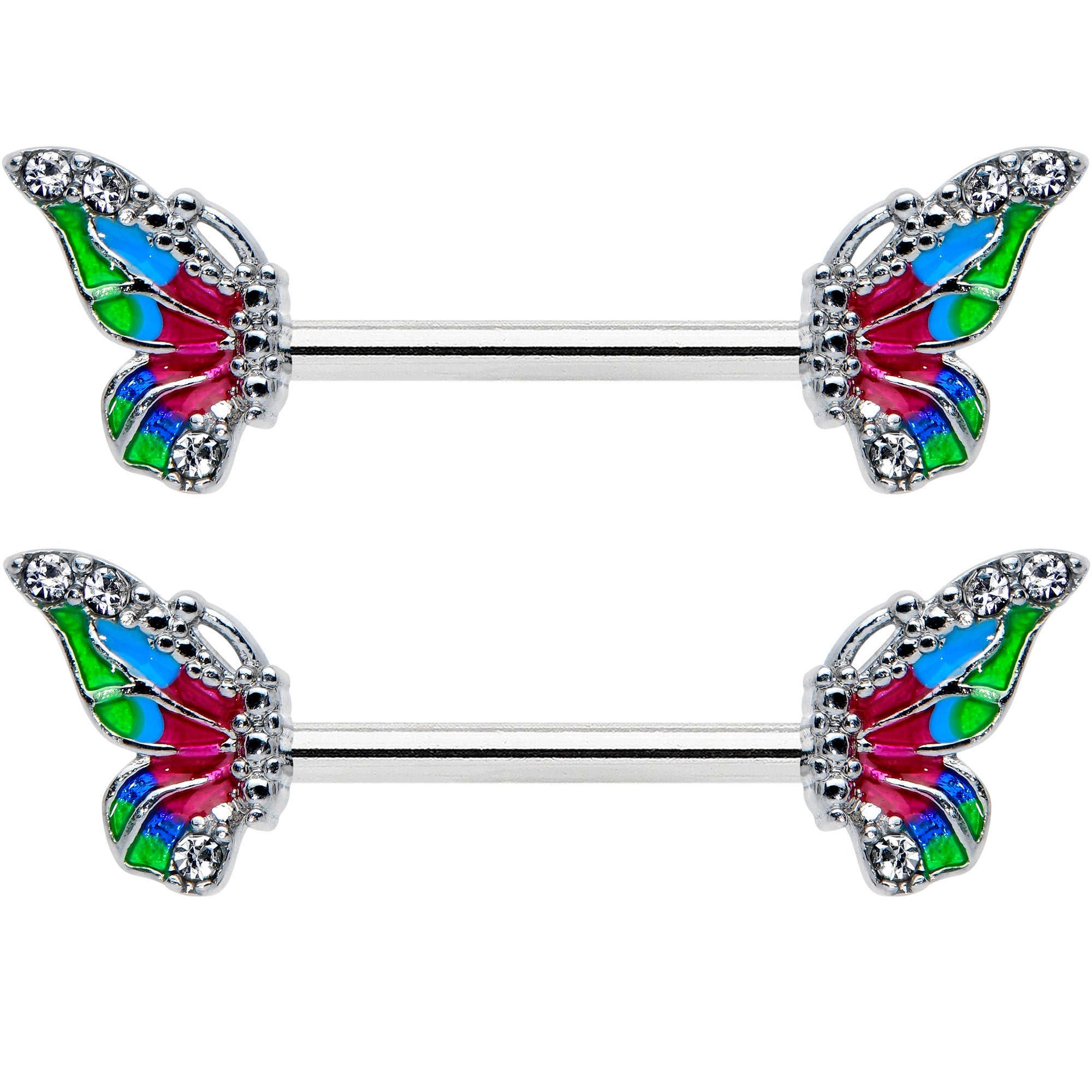 14G 1/2 Clear Gem Bright Beauty Butterfly Barbell Nipple Ring Set