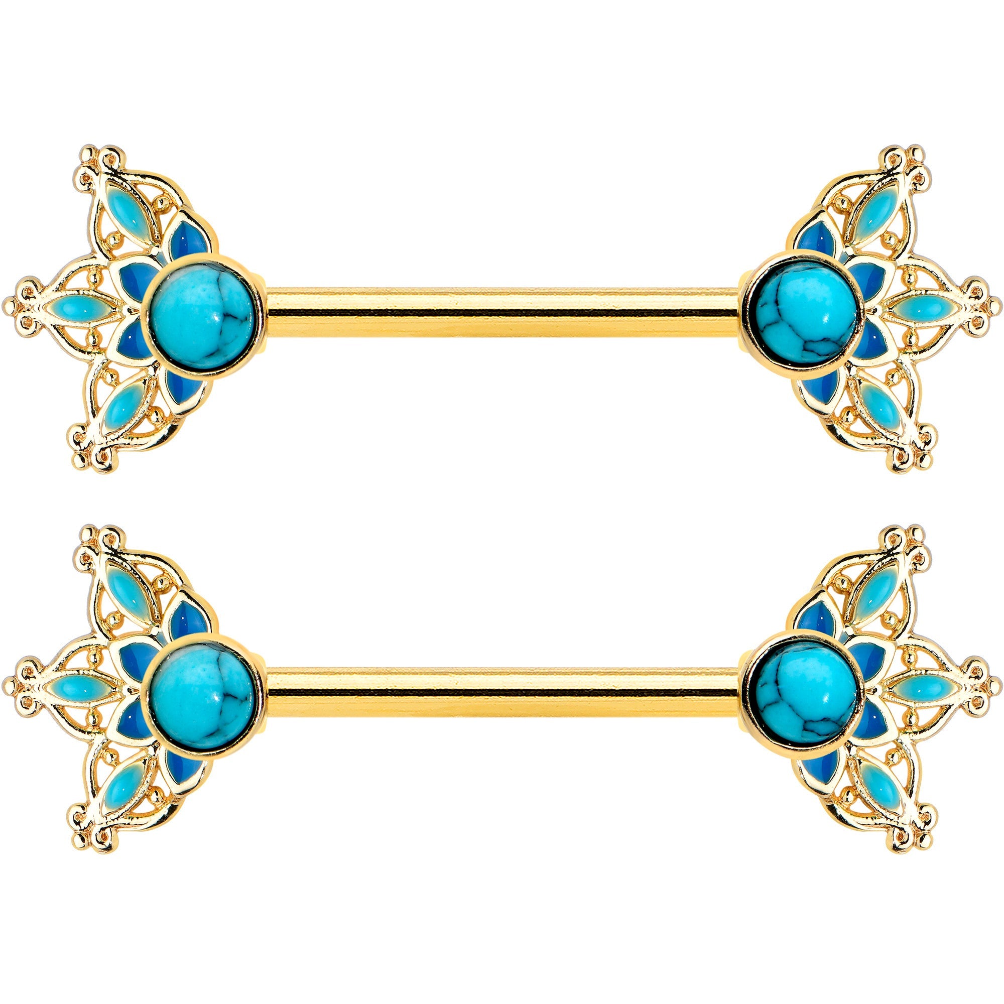 14G 9/16 Blue Turquoise Gold Tone Opulent Bloom Nipple Ring Set
