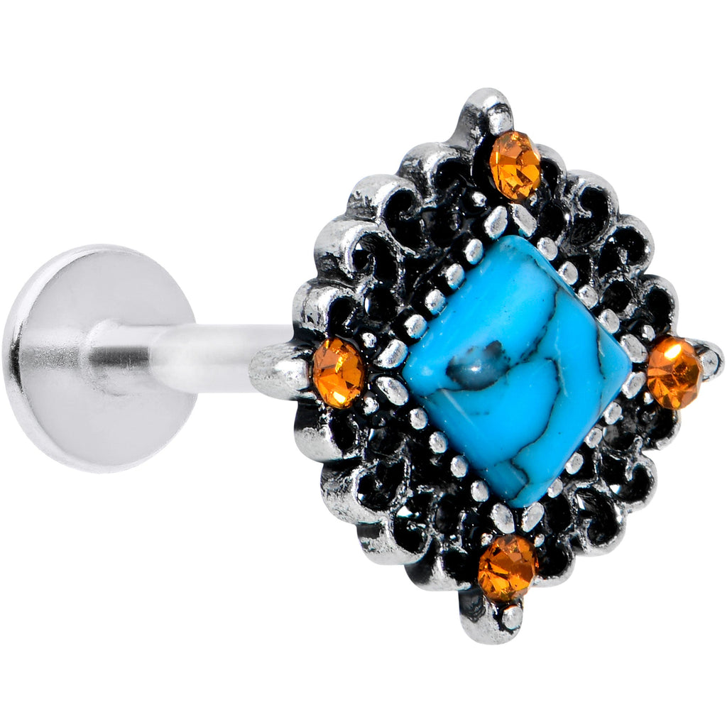 16G 5/16 Yellow Gem Blue Faux Turquoise Square Labret Tragus