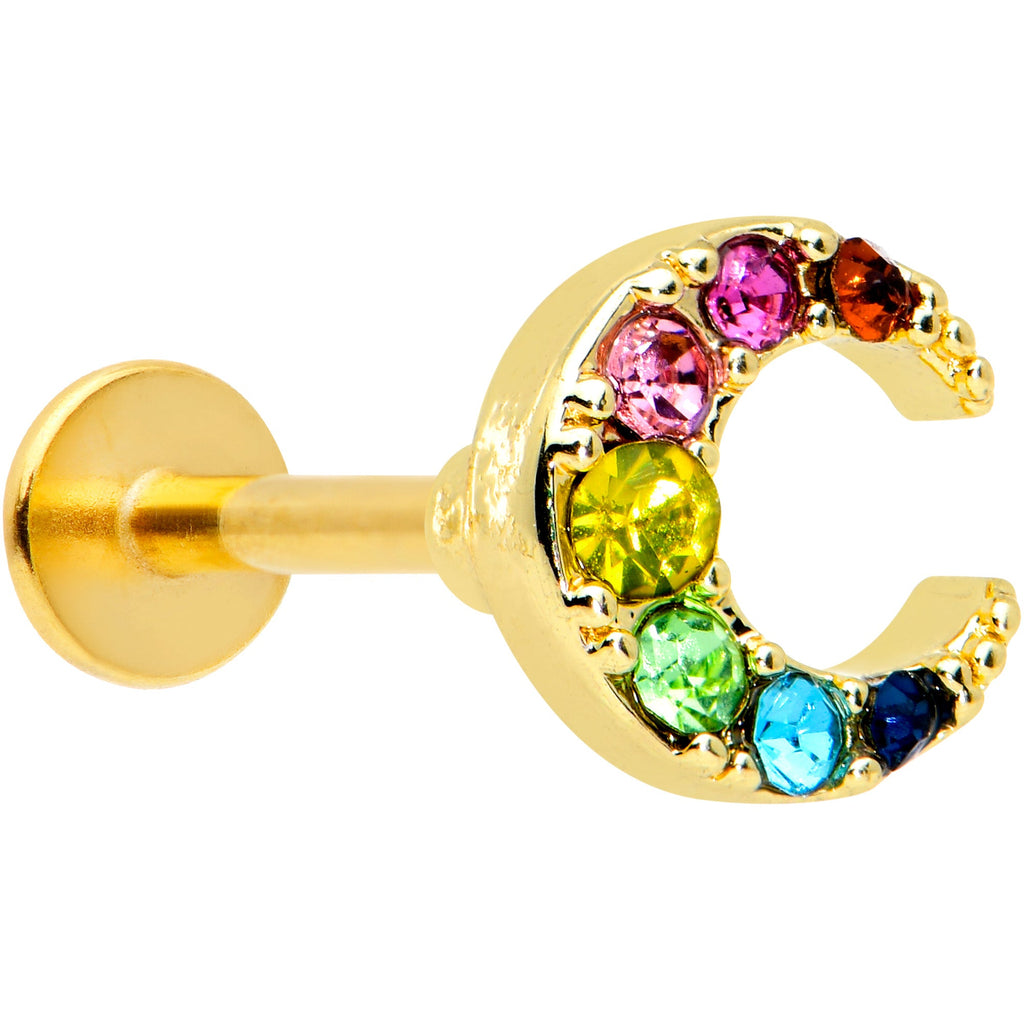 16G 1/4 Rainbow Gem Gold Tone Crescent Moon Labret Tragus