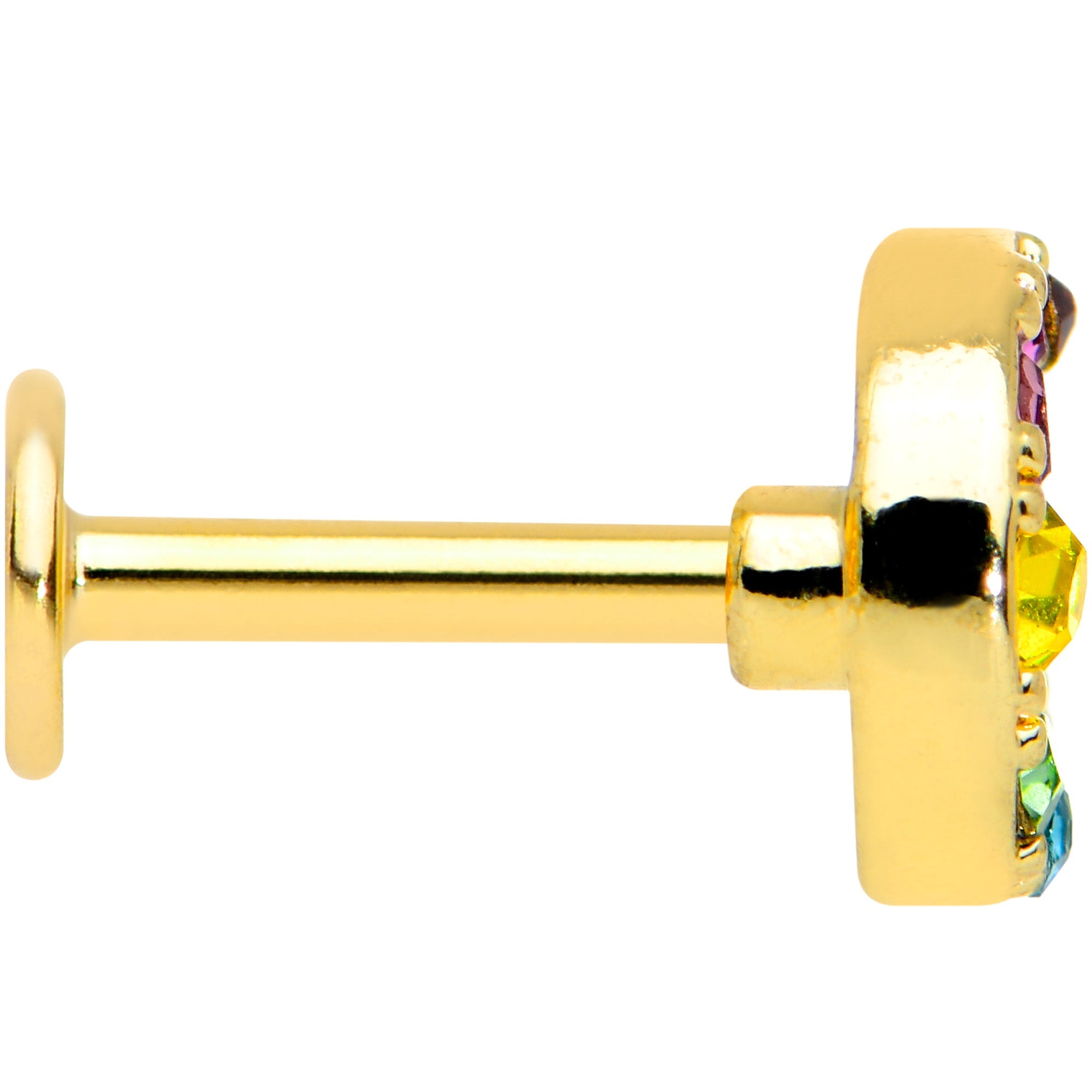 16G 1/4 Rainbow Gem Gold Tone Crescent Moon Labret Tragus