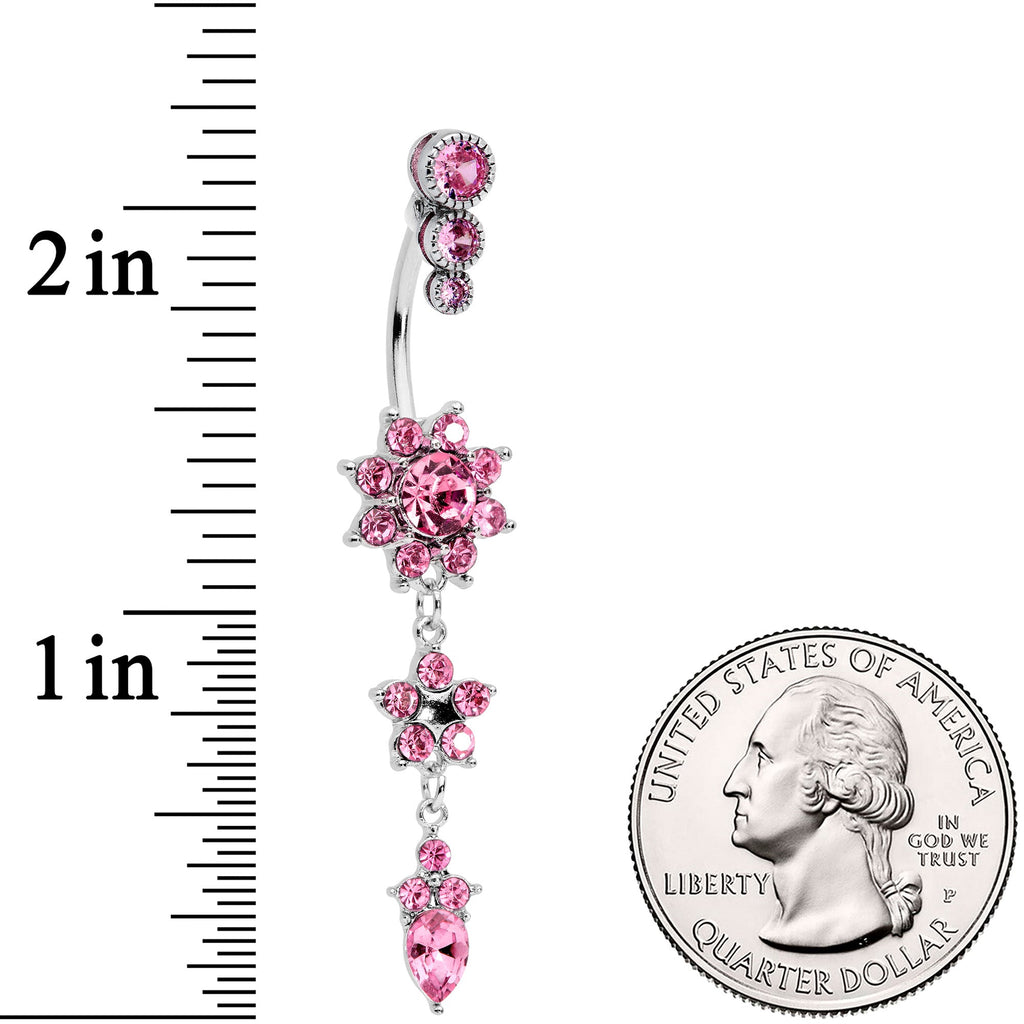 Pink Gem Triple Top Double Flower Drop Dangle Belly Ring