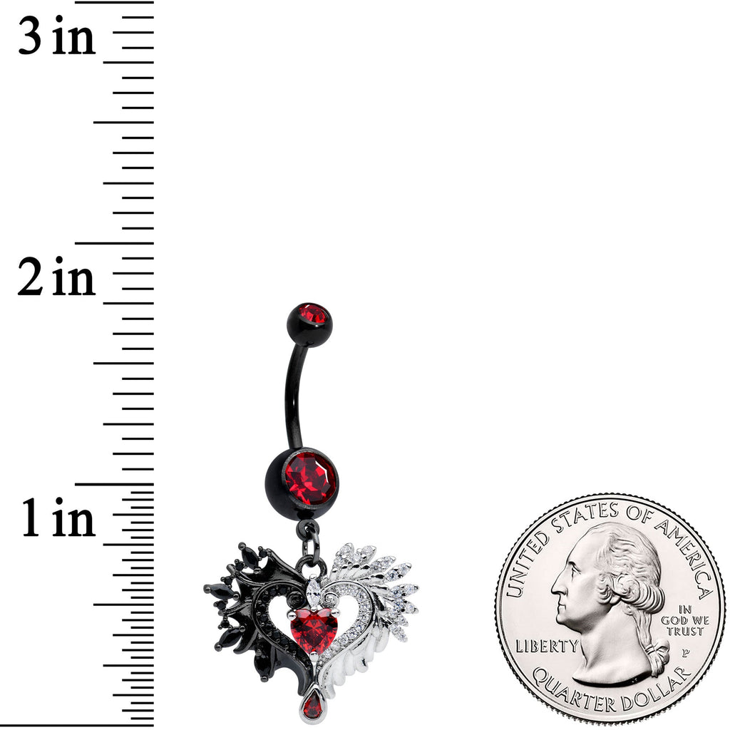 Red CZ Gem Black Elegant Winged Heart Valentines Day Dangle Belly Ring