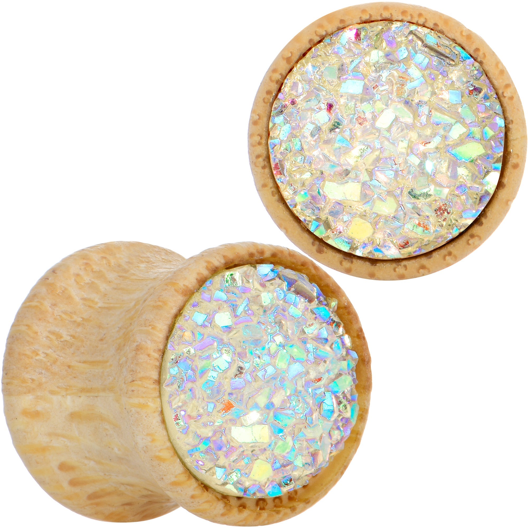 White Druzy Stone Wood Saddle Plug Set
