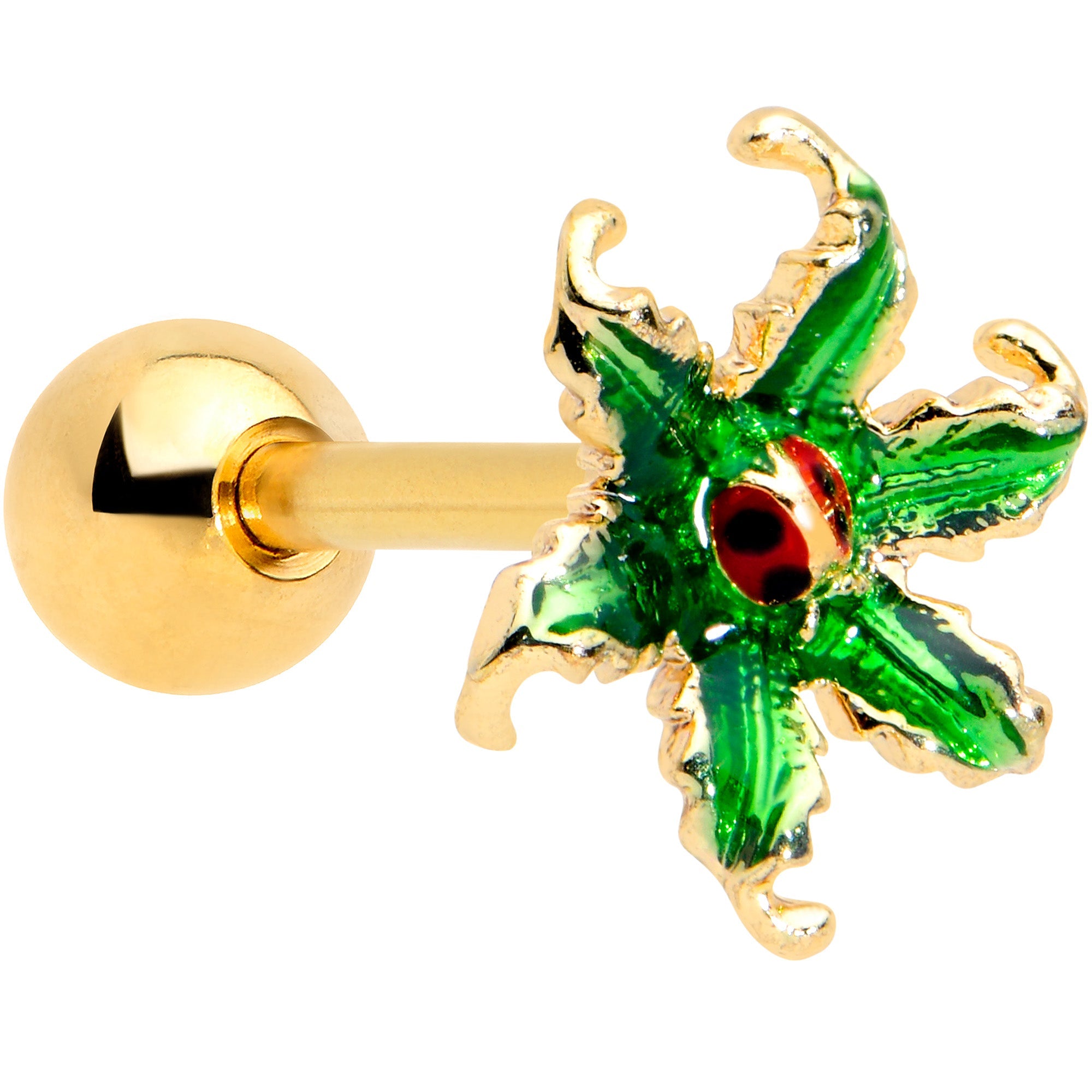 16G 1/4 Gold Tone Tiny Ladybug Leaves Cartilage Tragus Earring