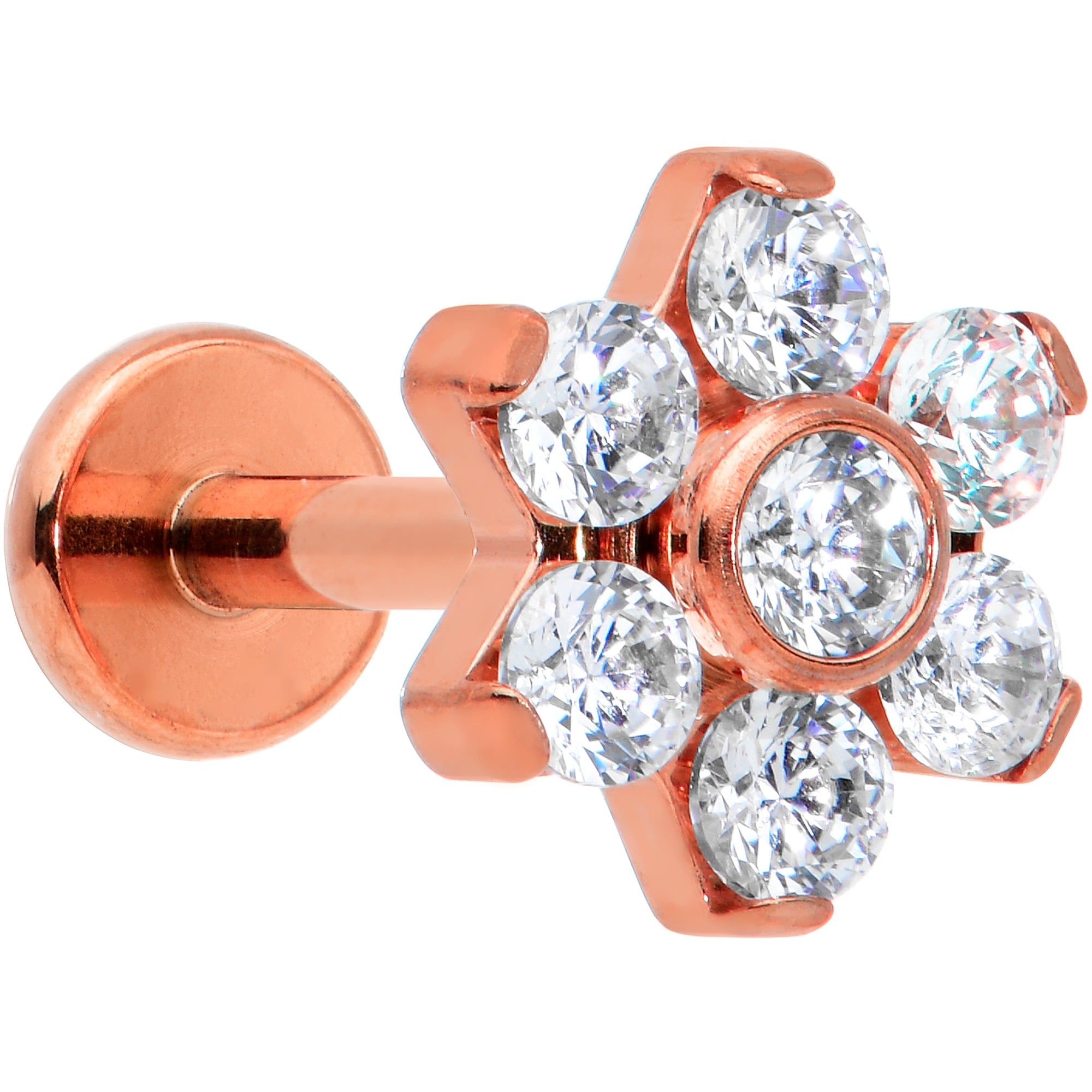 16G 1/4 Clear CZ Gem Rose Gold Tone G23 Titanium Flower Labret