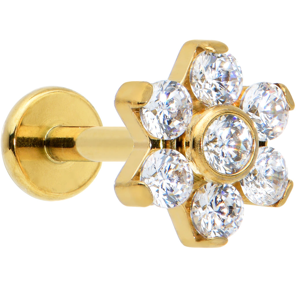 16G 5/16 Clear CZ Gem Gold Hue G23 Titanium Flower Labret Tragus