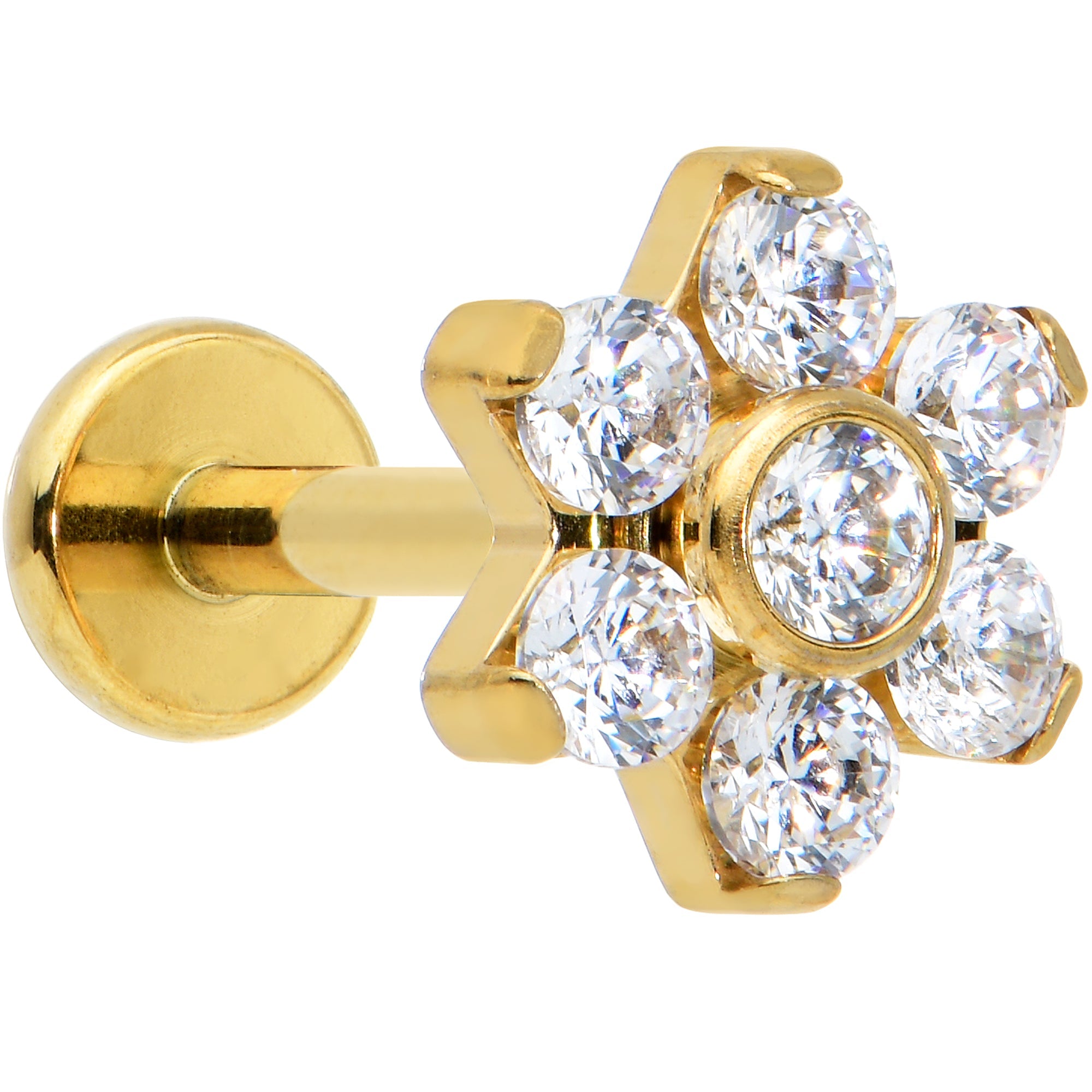 16G 5/16 Clear CZ Gem Gold Hue G23 Titanium Flower Labret Tragus