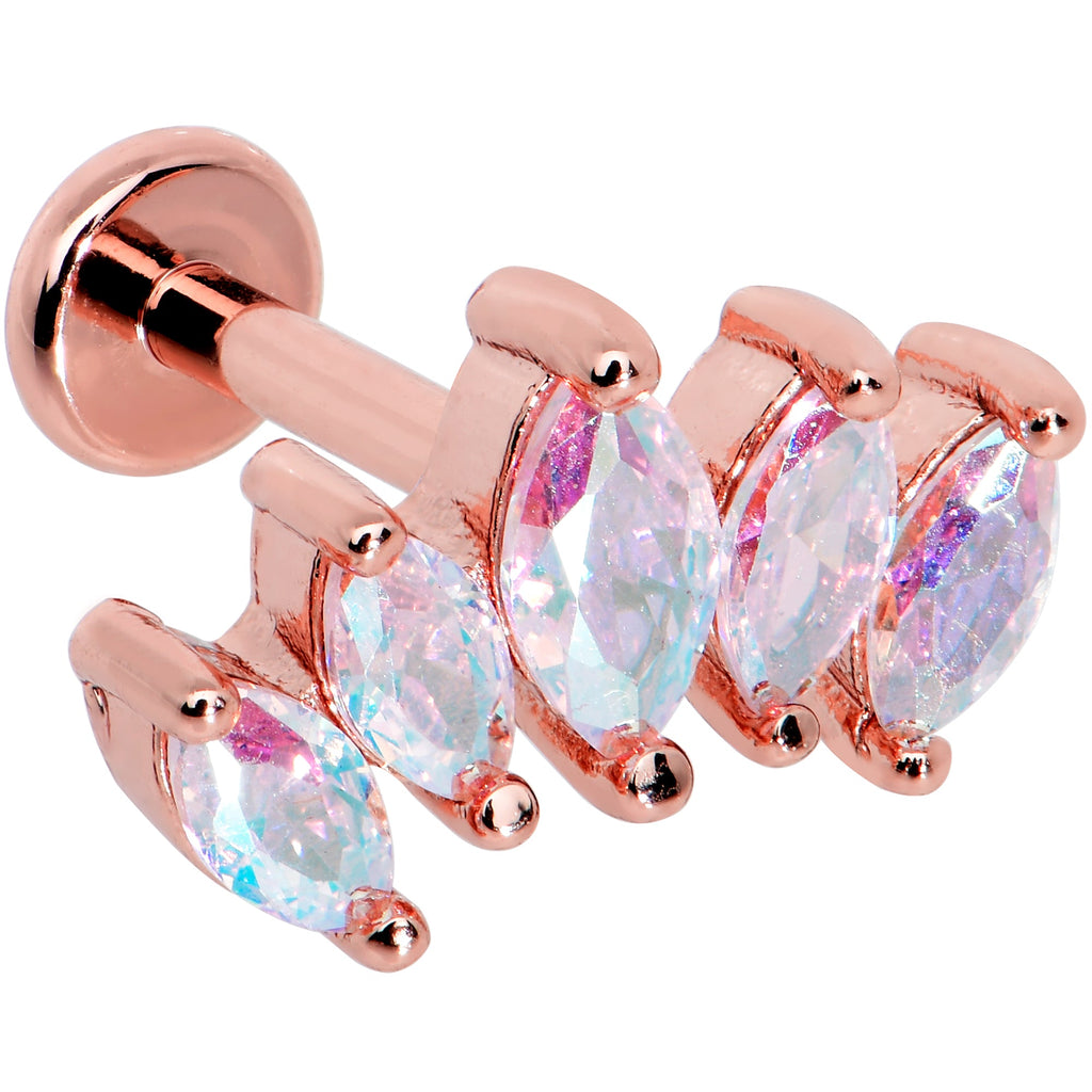 16G 1/4 Clear CZ Gem Rose Gold Hue Fan Internally Thread Labret
