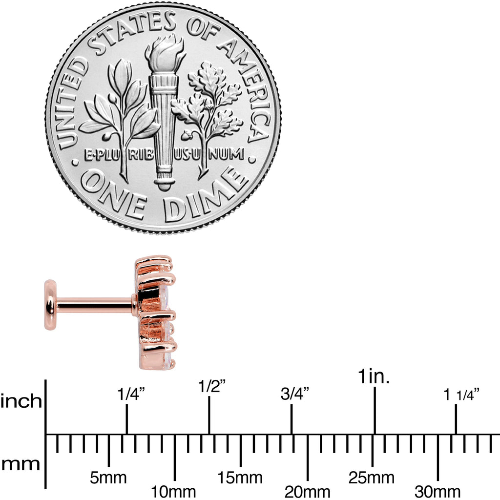 16G 1/4 Clear CZ Gem Rose Gold Hue Fan Internally Thread Labret