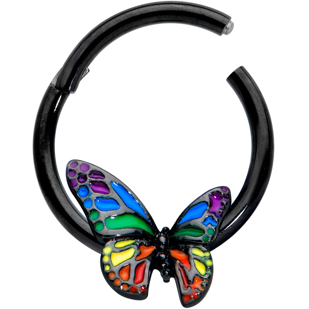 16G 3/8 Black Rainbow Pride Butterfly Hinged Segment Ring
