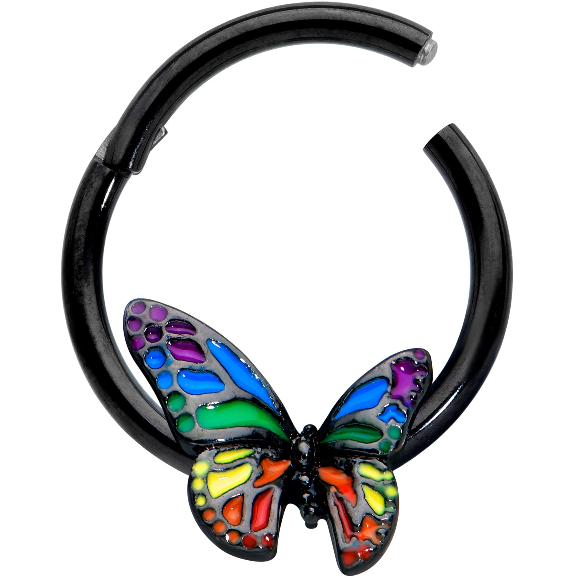 16G 3/8 Black Rainbow Pride Butterfly Hinged Segment Ring
