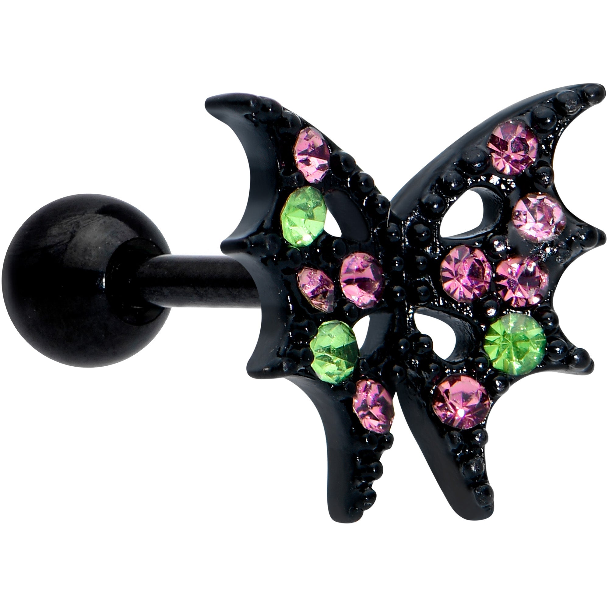 16G 1/4 Pink Green Gem Black Bat Wings Halloween Cartilage Tragus