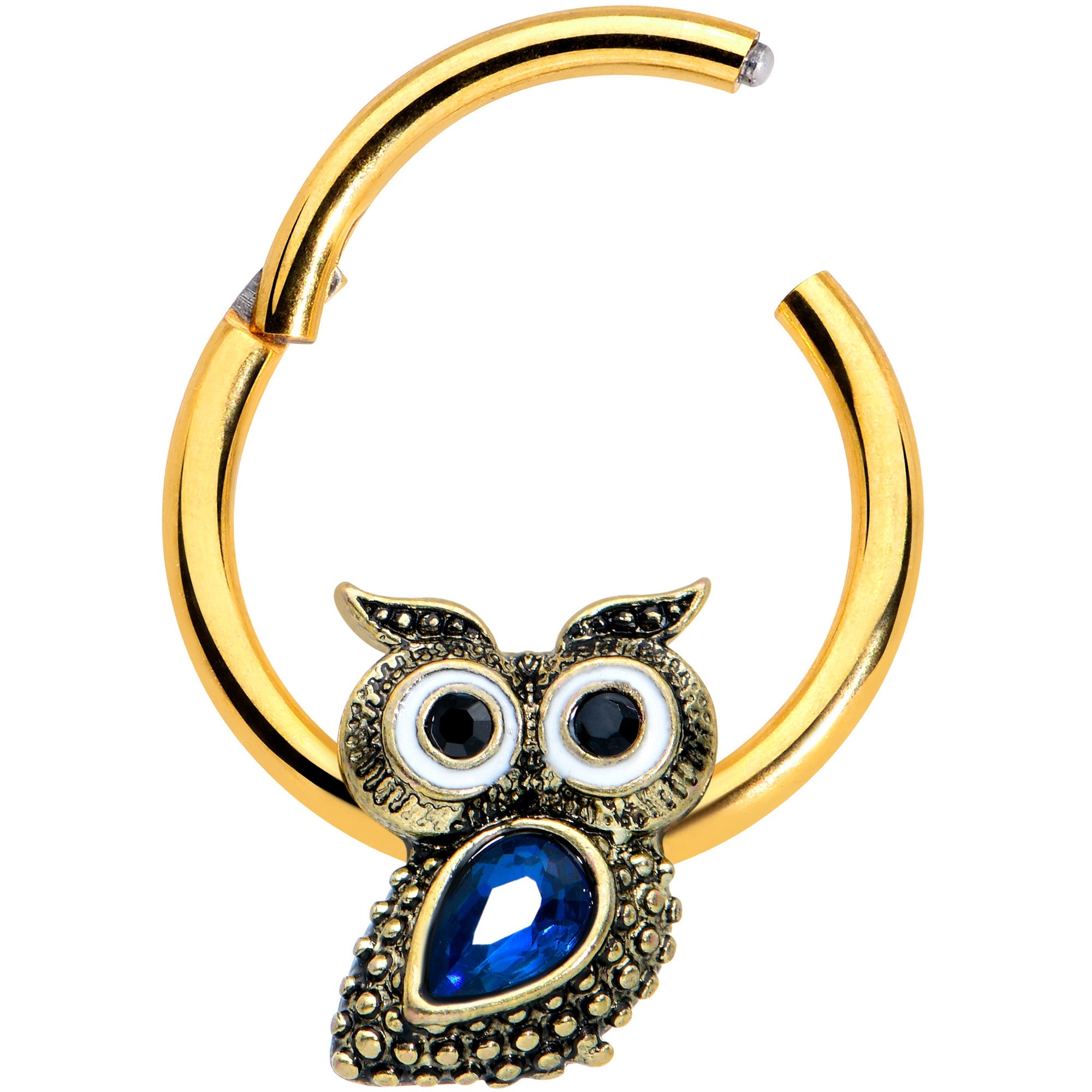 16G 3/8 Blue Gem Gold Tone Wide Eyed Owl Hinged Segment Ring