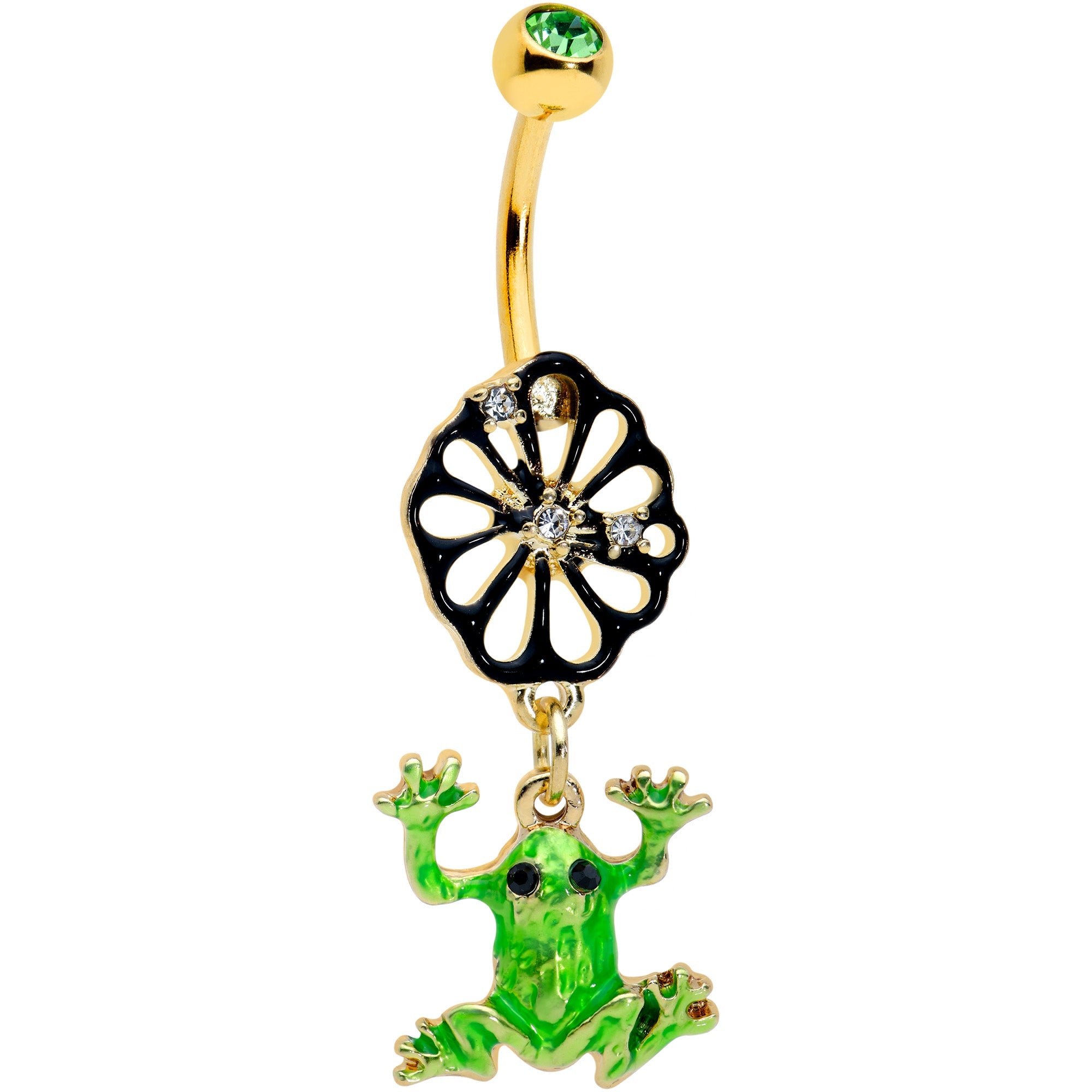 Clear Green Gem Gold Tone Flower Tree Frog Dangle Belly Ring