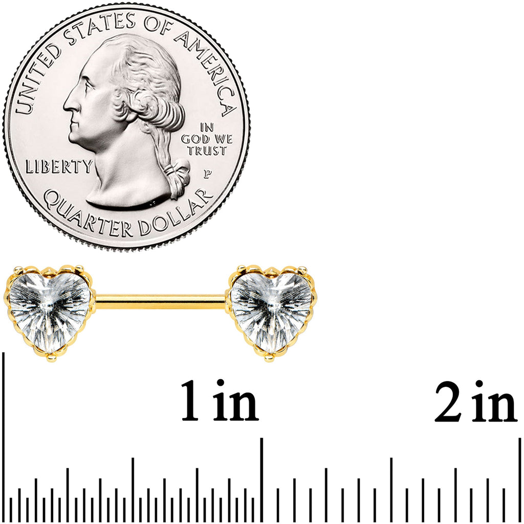 14G 9/16 Clear CZ Gold Tone Heart Love Valentine Nipple Ring Set