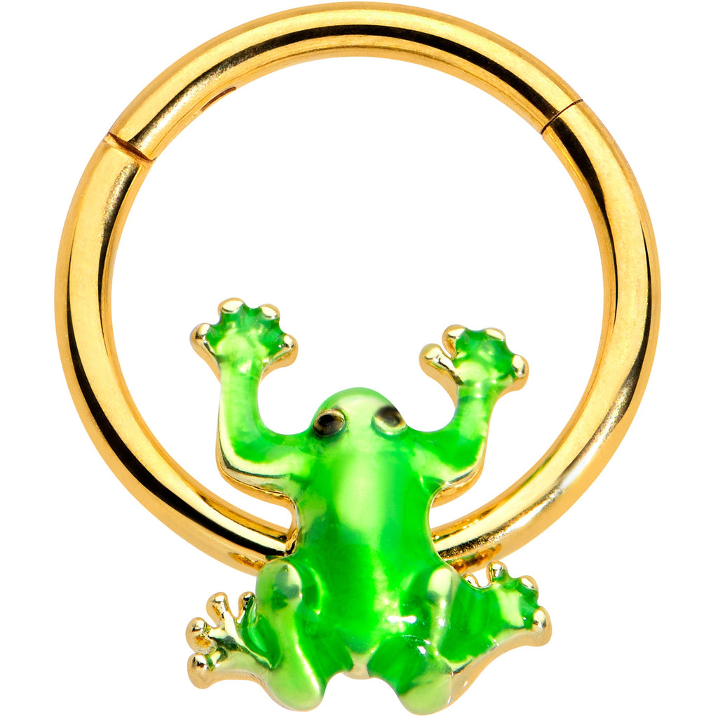 16G 3/8 Gold Tone Green Tree Frog Hinged Segment Ring